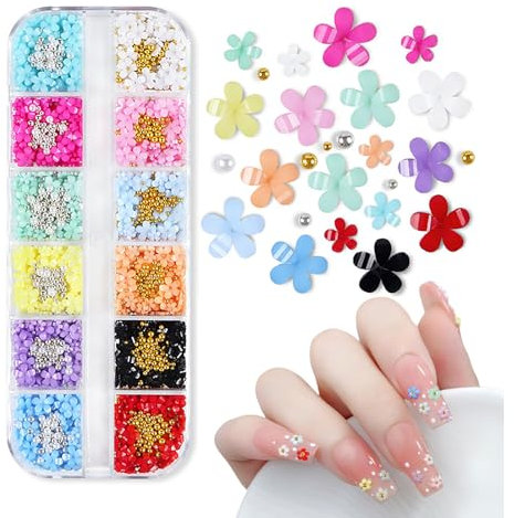3D Blumen Nail Charms, 12 Gitter Acrylharz Blüte Nagel Strasssteine mit Gold Silber Perlen, Blumen-Gel-Nägel, Blumen Nagel Kunst Dekorationen für Frauen und Mädchen Maniküre DIY Zubehör