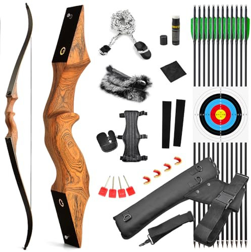 60 Zoll Bogenschießen Takedown Recurve Bogen und Pfeile Set Traditioneller Jagdbogen Erwachsener Holz Bogen Griff 20-60lbs Longbogen für Rechtshand Bogensport (45lbs, Gelb Set)