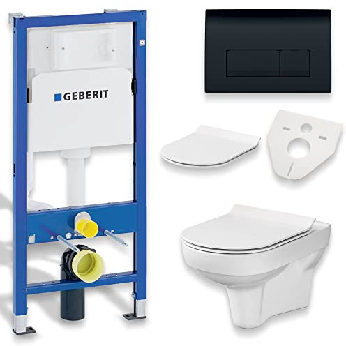 KOLMAN WC Set: Geberit Duofix Basic UP 100 Vorwandelement + Wand-WC New City CleanOn Weiß + Drückerplatte Delta50 Schwarz + Slim Duroplast WC-Sitz mit Soft-close + Schallschutzmatte