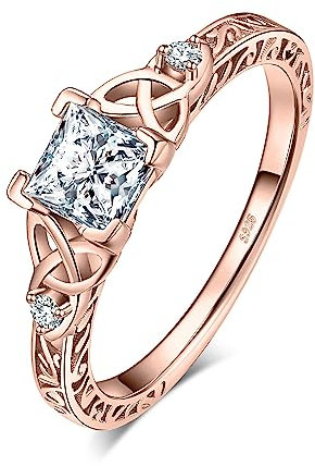 JewelryPalace Vintage Celtic Knot Princess Cut 1.2ct Cubic Zirconia Solitaire Engagement Rings for Women, 14k Rose Gold Plated 925 Sterling Silver Promise Rings, Simulated Diamond Ring Size 6.5