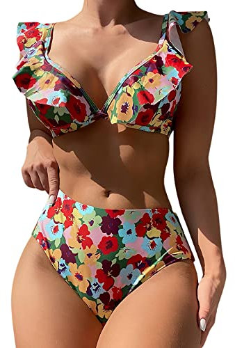 KCDING Bikini Women's Tummy Control Plus Size 2023 Women's Split Swimsuit Floral Print Bikini Suit Ruffle Sleeves Swimsuit Two Piece Sexy Tops Men's Neck, red, S