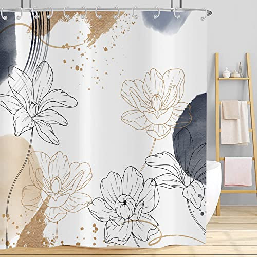 Hnmdmyi Rideau de Douche Boho 180x200, Fleurs Abstraites Mid Century Moderne Géométrique Minimaliste Esthétique Art, Imperméable Tissu Polyester pour Baignoire