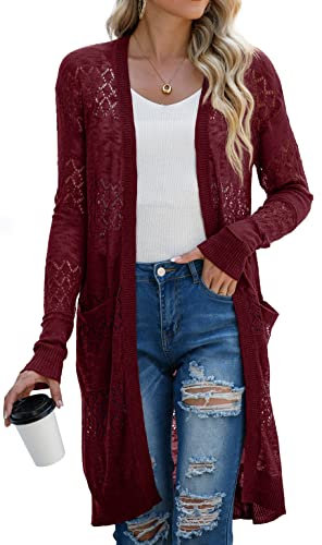 GRECERELLE Womens Summer Beach Cover Up Casual Swimwear Cardigan Long Sleeve Holiday Loose Long Bikini Coverups Kimono for Ladies (Wine Red, XXL)