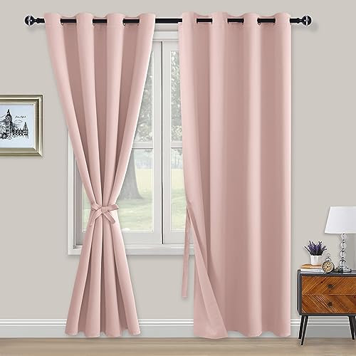 XWZO Lot de 2 rideaux opaques et occultants avec œillets - Avec embrasses - Pour chambre à coucher, salon, bureau - 214 x 132 cm - Rose clair