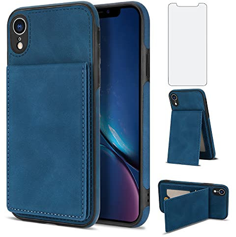Asuwish Funda para iPhone XR con Cristal Templado Protector de Pantalla Antigolpes Soporte Tarjetero Cuero Libro Cartera Carcasa i 10XR 10R RX XRfunda Wallet Phone Cover Case Azul