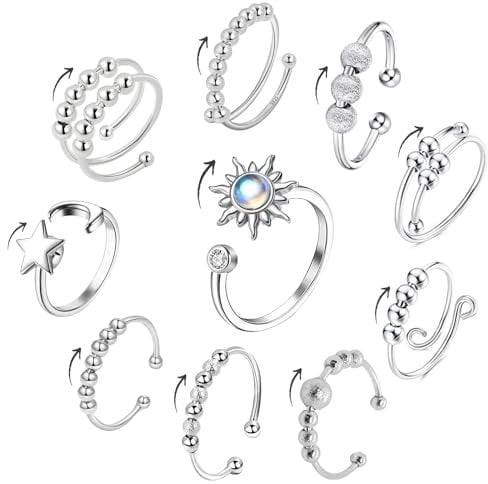 Uirheurd Angst Ring 10 Stück - Anti-Stress Verstellbar Silber für Frauen und Herren - Fidget Mit Beweglichen Perlen, Calm Spinning Schmuck Geschenke