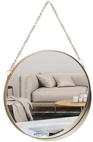 Zoojoy Specchio Sospeso, 25 x 25 cm, Specchio per Trucco da Bagno, Rotondo, Cornice in Ottone con Catena di Sospensione Stile Semplice [Di Piccole Dimensioni]