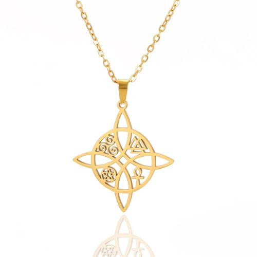 Hexenknoten Halskette für Frauen Mädchen Irischer Keltischer Knoten Trinity Pentagramm Ankh Kreuz Triquetra Trinity Knoten Wikinger Halskette Amulett Wiccan Schmuck Geschenk (Hexenknoten gold)