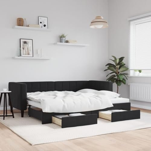Homgoday Tagesbett Ausziehbar mit Schubladen Ausziehbett Ausziehsofa Schlafsofa Schlafcouch Bettsofa Sofabett Gästebett Bettcouch Sofa Couch für Wohnzimmer Gästezimmer Schwarz 80x200 cm Samt