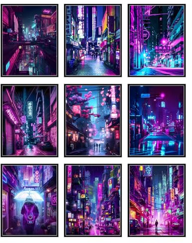 BigWig Prints Neon-Wandkunst – Cyberpunk-Poster, japanische Poster, Neon-Poster, Cyberpunk-Dekor, Vaporwave-Dekor, Synthwave-Dekor, Lofi-Dekor, Tokio-Poster, Cyberpunk-Kunst, ungerahmt, 9er-Set (20,3
