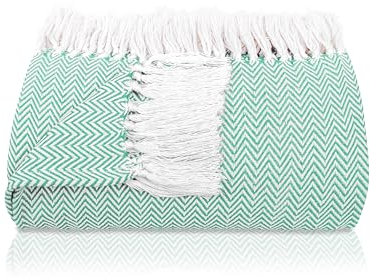 Gräfenstayn Premium Tagesdecke mit Fransen - 100% Baumwolle - 180 x 240 cm - Fischgrätenmuster Sommerdecke - Baumwolldecke als Bett-Überwurf, Couch-Überwurf, Sofa-Decke (Mint)