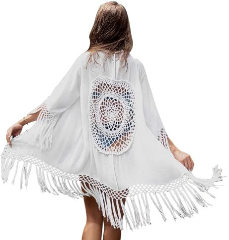 Copricostume da Bagno Bikini da Donna Lungo con Nappe e Cardigan da Spiaggia Bianco, Copricostumi da Bagno Estate Beachwear Bikini Cover Up Kimono Cardigan Donna Bikini Cover Up