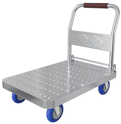 MINGYIHUI Plattformwagen Schwerlast-plattformwagen 300 Kg, Flachbettwagen Aus Stahl Mit Langem Deck, Plattformwagen Mit Gebremsten Rädern Sackkarren(Size:73 * 48,Color:Silber)