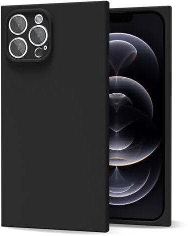 oakxco for iPhone 12 Pro Phone Case Silicone Square Edge, Y2k Rectangle Soft Rubber Gel Cute Phone Case for Women, Girly Aesthetic Trendy Design, Thin Slim Matte TPU Protective Cover, Black