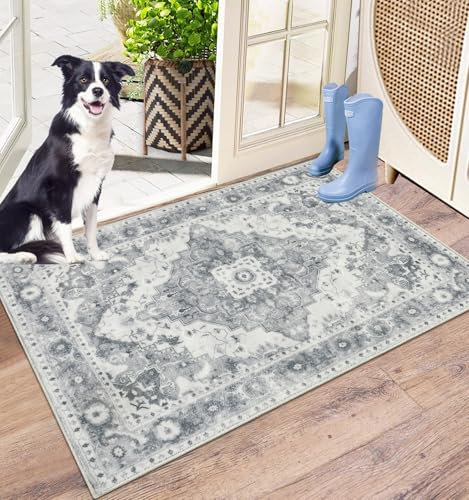 Capslpad Door Mat Indoor 50x80cm, Non-Slip Dirt Trapper Door Mat, Machine Washable Entrance Rug, Vintage Medallion Soft Inside Floor Carpet for Entryway, Front Back Door, Muddy Wet Shoes and Paws,Grey
