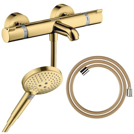 Hansgrohe Pack mitigeur Bain Douche thermostatique Ecostat Comfort + Flexible Designflex + Pommeau Raindance Select 3jets Aspect doré Poli