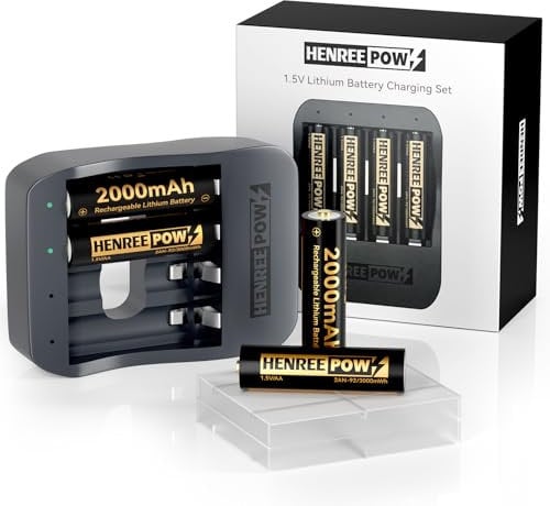Henreepow AA 1.5V Lithium Rechargeable Battery, Real High Capacity 3000mWh(2000mAh) Li-ion AA Batteries with 1.8H Individual Fast Charger,1600 Cycles, Long Lasting, Constant Output (4 Pack-Black)