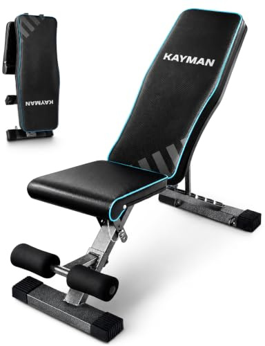 Kayman Adjustable Weight Bench, 6 Back, 4 Seat, 3 Leg Levels, Workout EPE Foam Gym, PU -108x33x42-112cm, Foldable Fitness Bench for Home Gym, Compact Press, Exercises