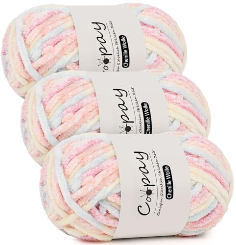 Coopay Chenille Wolle zum Häkeln, 3x100g Samtig Chenillegarn, Dicke Flauschige Weich Chenille Garn, Chenille Wolle, Weicher Plüschwolle Häkelgarn für Decken, Schals - Blütenbüschel