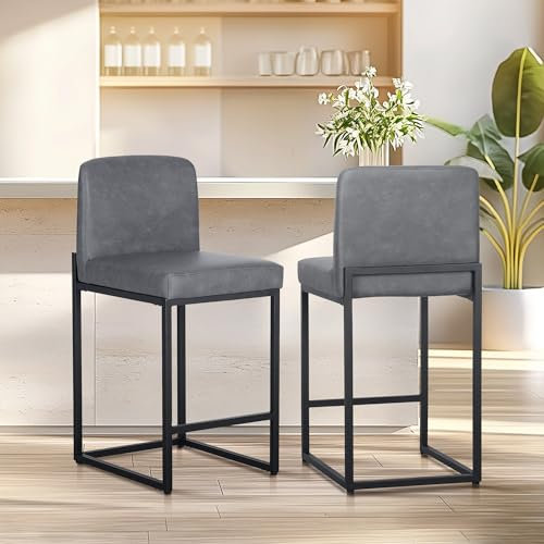 ALPHA HOME Tabouret de coiffeuse, 2 tabourets de bar, tabourets de bureau, chaises de cuisine avec dossier et repose-pieds, cadre en métal robuste, tabouret de bistrot moderne, gris