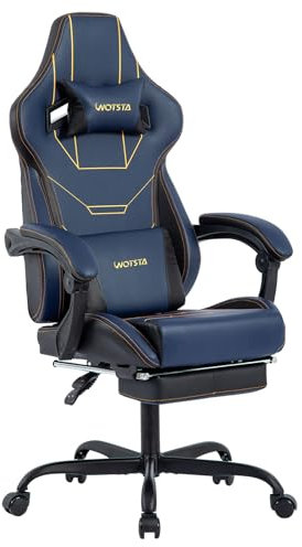 WOTSTA Gaming Stuhl Ergonomisch Gaming Chair Gamer Stuhl Bürostuhl mit Fußstütze Racing Computerstuhl Höhenverstellbar Gepolstert Computerstuhl Lendenwirbelstütze Blau