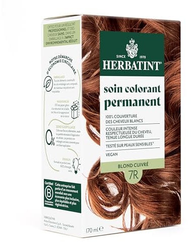 Herbatint Soin Colorant Permanent Cheveux 7R Blond Cuivré - 170 ml | Sans Ammoniaque, 100% Couverture des Cheveux Blancs | Testé Dermatologiquement pour Peaux Sensibles, avec 8 Extraits Végétaux Bio