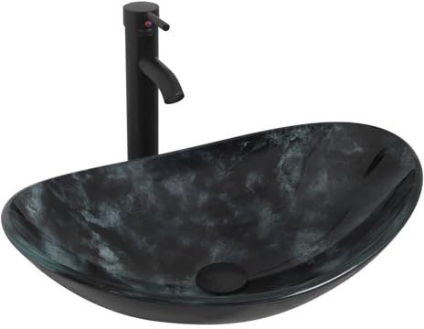 YU YUSING Lavabo Vasque à Poser Ovale en Verre avec Ensemble de Robinets, Lave-Mains, pour Salle de Bain, Cuisine, WC d'invités, Gris Foncé Moderne, 53 x 35 x 15.5 cm