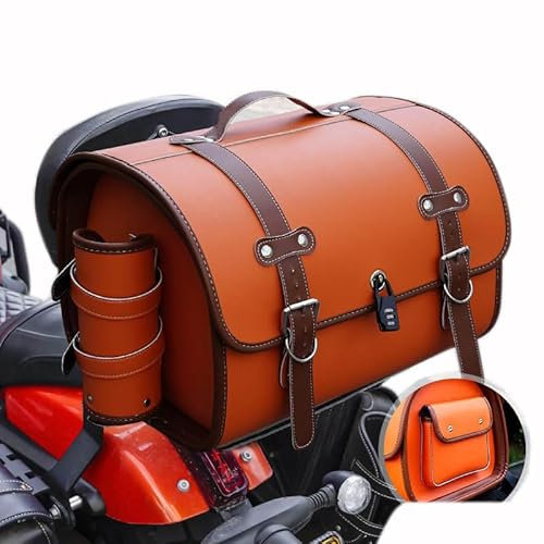 HBANMK Motorrad Hecktasche für Kawasaki W800 Cafe, Leder Retro Motorrad Gepäcktasche, wasserdichte Große Kapazität Motorradtasche Motorrad Werkzeugtasche Reisetasche,C Orange+Brown