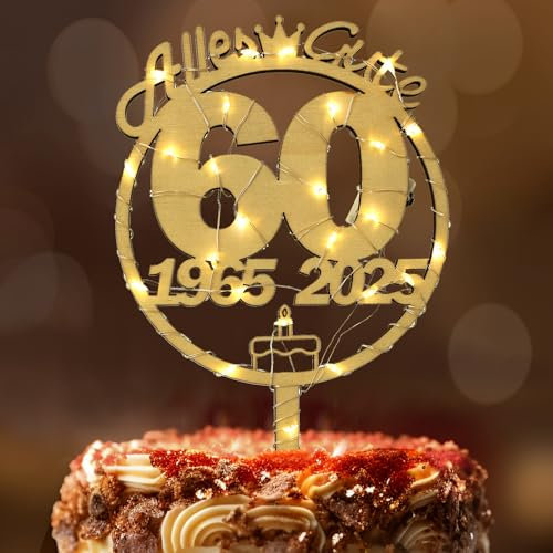 Tortendeko 60 Geburtstag Frau Mann, Seutgjie 60. Geburtstag Hochzeitstag Cake Topper Holz mit LED Lichterkette 1965 bis 2025 Kuchen Deko