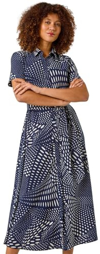 Roman Originals Shirt Dress for Women UK- Ladies Long Sleeve Belted Collared Midi Maxi Winter Autumn Smart Casual Button Through Evening Office A Line Swing Skater - Navy Spot - Size 20