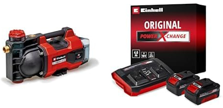 Einhell Bomba de jardín con batería AQUINNA 36/34 Power X-Change 36 V, caudal máx. 3400 l/h, máx. 37 m de altura de impulsión + Einhell Original Starter Kit 2 x 4 Ah Battery and Twincharger 18 V