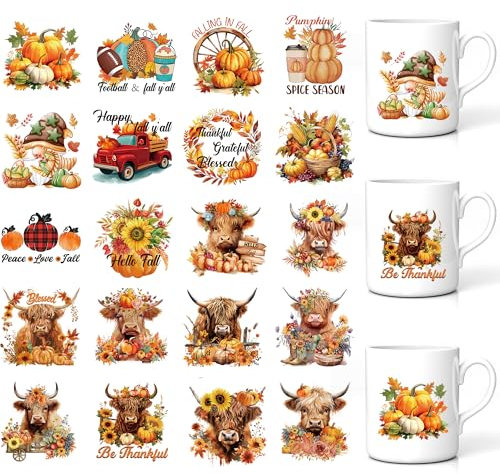 CozDazz UV DTF Cup Wraps, 20 Pcs Highland Cow Waterproof Rub on Transfer Stickers for Cups, Tumbler, Fall Autumn Design for Gifts, Office Use, Easy to Apply DIY Craft