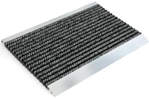 KARAT Fussabtreter Aussenbereich für innen & außen - rostfrei & wetterfest - Haustür Fußabtreter - Türmatte Eingangsmatte Profi - Brush(50 x 80 cm, Alu-Rahmen - Schwarz-Weiß)