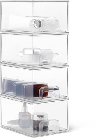 Amazon Basics Stapelbare Aufbewahrungsschubladen aus Kunststoff, Aufbewahrungsbox, Make-up-Organizer, Transparent, 19,1cm x 15,2cm x 11,4cm, 4er-Pack