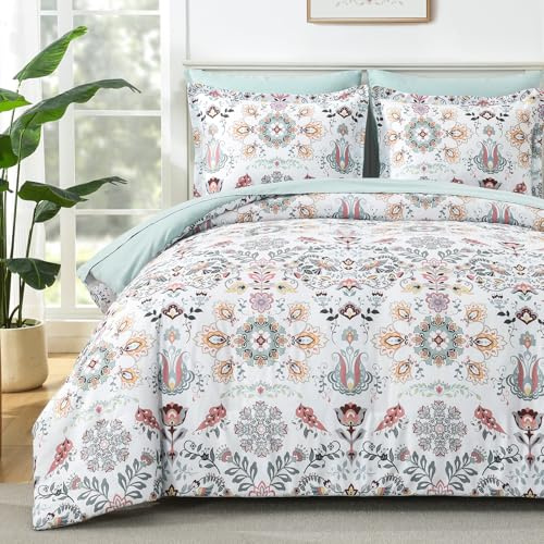 DHSFKBE Boho-Bettwäscheset, Kingsize - 7-teiliges Bettwäscheset im Blumenmuster, Bohemian-Bettwäscheset mit Laken, weiche Mikrofaser-Komplett-Bettwäsche für Jede Jahreszeit (Hellgrün, King)