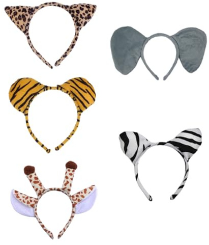 HONITANO 5 Stück Teiliges Haarreif mit Plüsch Dschungel Tiermotiven Giraffe Zebra Tiger Leopard Weiche Cosplay Kopfbedeckung für Karneval Kindergartenfest und Kostümparty