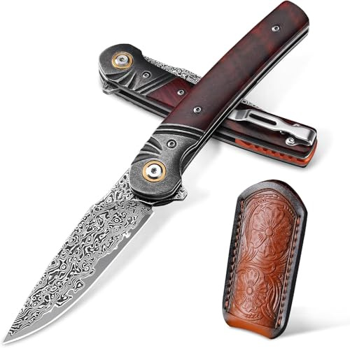 Omesio Damast Klappmesser, Klinge 8,3 Cm, Mit Holzgriff Für Herren | Taschenclip im Lieferumfang, für den täglichen Gebrauch geeignet, elegantes EDC-Design für Damen und Herren, scharf