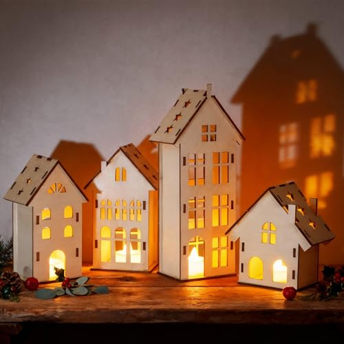 Encham Weihnachtsdorf mit Beleuchtung 4 Deko Häuser aus Holz Batteriebetriebene Lichthäuser Set für Weihnachtsdekoration