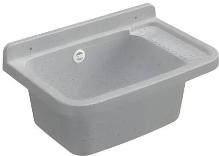 Buystar Lavandino Pilozzo a Muro Rettangolare in Resina Forabile - Sifone, Piletta, da Esterno, Interno, Vasca, Lavanderia, Garage, a Mano, Lavaggio - Resistente agli Acidi (Granito | 58x38.5x25h cm)