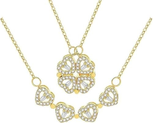 Four Leaf Clover Necklace Foldable for Women,925 Sterling SIlver Bling zircon stone Four Heart Grass Women's Necklaces Crocker,Retro Magnetic Folding Love Heart Pendant One Style (Gold)