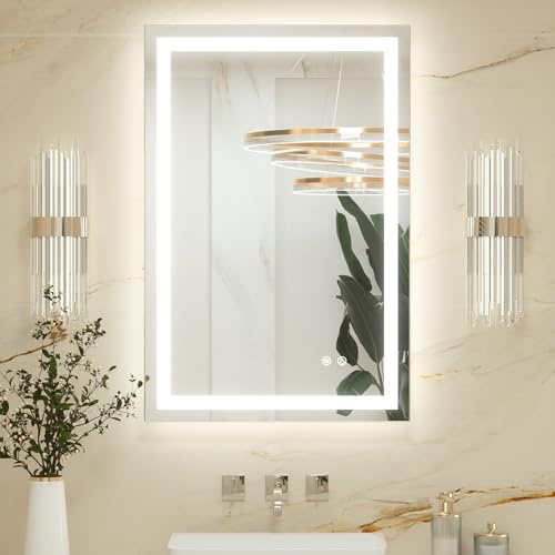 Keonjinn 60x90cm Badezimmerspiegel mit Beleuchtung, Beschlagfrei Badspiegel Beleuchtet mit Touch-Schalter, Led Spiegel 3 Lichtfarben Dimmbar Wand Badezimmer Spiegel Ohne Rahmen