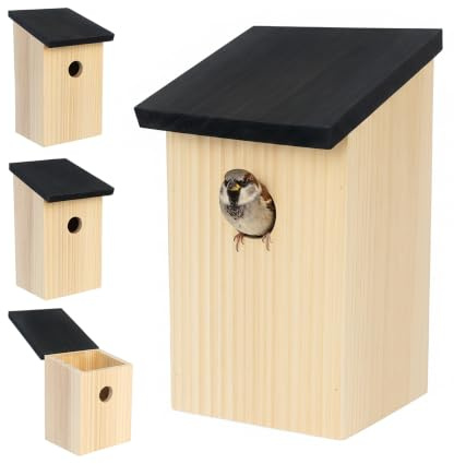 Relaxdays Nistkasten, 4er Set, Spatzen & Meisen, 32 mm Einflugloch, Dachklappe, Vogelhaus zum Aufhängen, Holz, Farbwahl