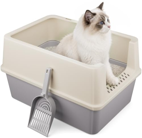 Large Open Top Cat Litter Tray with Scoop, High-Sided Cat Litter Box, Detachable Rim for Easy Cleaning, Plastic Cat Toilet, 47 x 33 x 34 cm, (Light Grey)