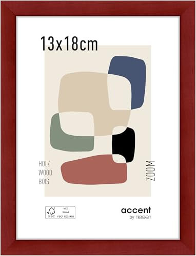 accent by nielsen Bilderrahmen, 13 x 18 cm, Holz, Rot, Fotorahmen zum Auftstellen und Aufhängen im Hoch- & Querformat, Echtglas, Zoom