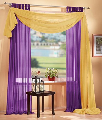 Gardinen Set, 2 x Schlaufenschal Voile, transparent, 245x140, Lila, 1 x Voile Querbehang, Freihanddeko, 140x600, Gelb, 61000560