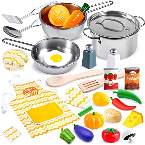 JOYIN 30 Piezas Juguetes de Cocina Acero Inoxidable Set Utensilios de Cocina Culinario Mini Cocina de Juguete Incluye Múltiples Accesorios para Niños