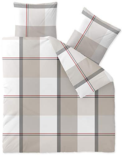 CelinaTex Touchme Biber Bettwäsche 200 x 220 cm 3teilig Baumwolle Bettbezug, Set, Bettgarnitur für Sommer und Winter, ganzjährig, pflegeleicht, Svea Karo weiß beige grau
