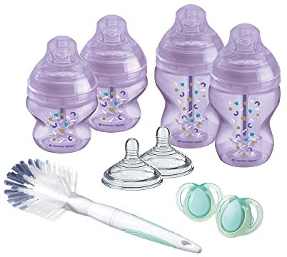 Tommee Tippee Biberon Kit Naissance pour Nouveau-Né Anti-Colique Avancé, 2 Tétines Imitant le Sein Maternel avec Valve Anti-Colique, Biberons 2 x 260ml – 2 x 150ml, 2 Sucettes 0-6m,1 Goupillon,Violet