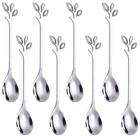 AnSaw Confezione da 8 eleganti cucchiaini da caffè in acciaio inox, con foglia argentata, perfetti per caffè, demiasse, dessert e tè, dimensioni ridotte per piccole porzioni
