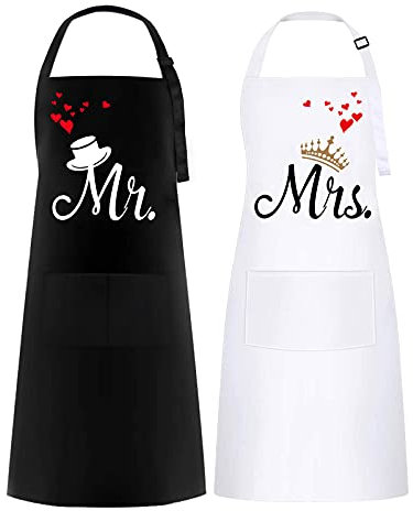 FunChaos 2 Stücke Mr. & Mrs. Schürze, Wasserdicht Küchenschürze mit 2 Taschen, Schürzen für Männer Damen, Paar Geschenk Schürze für Hochzeit, Verlobung, Valentinstag, Jahrestag(Schwarz & Weiß)